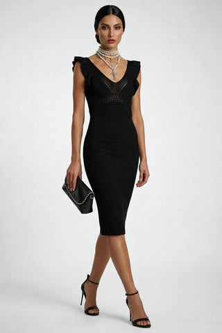 CLAIR midi ribbed knit dress with ruffles and openwork details