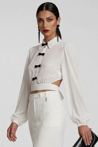 JANETTE long-sleeve blouse with bows and criss-cross back