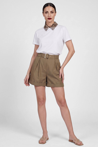 Shorts donna Relish in viscosa  vita alta BIRDS con risvolti e cintura
