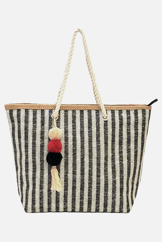 Borsa a righe LAETITIA con pon pon e trama glitter