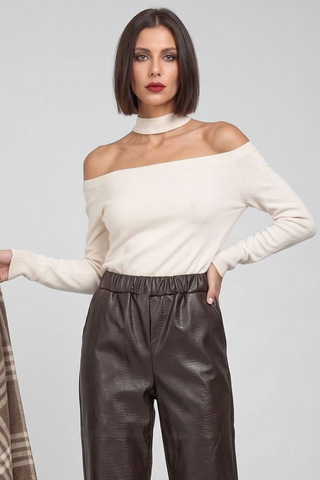 Maglia donna TEODORA off-shoulder collo choker maniche lunghe