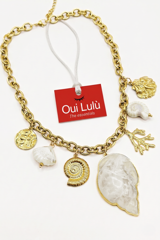 Collana donna MARGARET statement con ciondoli marini conchiglia madreperla e corallo in acciaio Oui Lulù