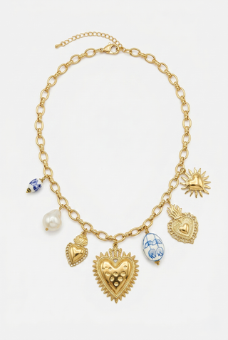 Collana in acciaio inossidabile MERAVILLE cuore sacro e ciondoli in ceramica