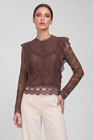 Blusa CLELIA in pizzo a maniche lunghe collo coreana ricami floreali