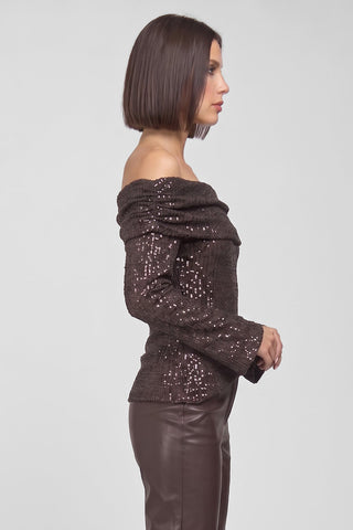 Maglia donna NATTY bardot  in paillettes maniche svasate orlo asimmetrico