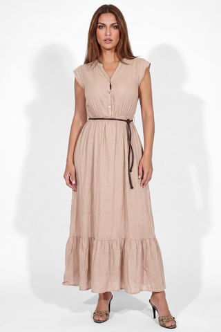 Abito lungo BISCUIT con balza e scollo con bottoncini