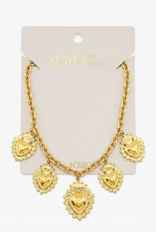 Collana donna HEARTS catena spessa con cinque ciondoli cuore sacro barocco in acciaio dorato Emily