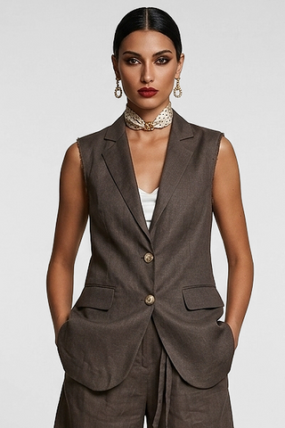 Gilet BERTIU in lino lungo 2 bottoni con giromanica taglio vivo