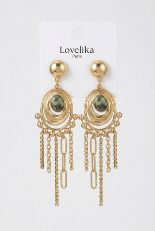 GRISOM chandelier earrings with green stone and steel