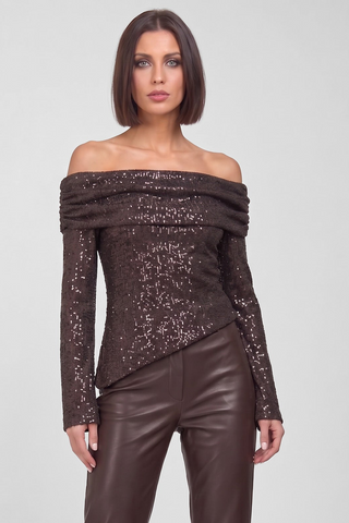 Maglia donna NATTY bardot  in paillettes maniche svasate orlo asimmetrico