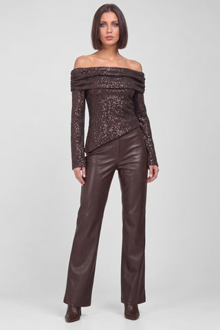 Maglia donna NATTY bardot  in paillettes maniche svasate orlo asimmetrico