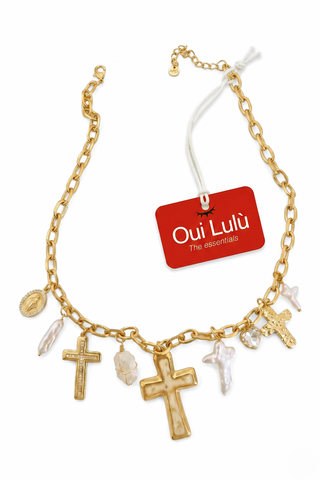 SACRED stainless steel necklace with baroque pearls and crosses