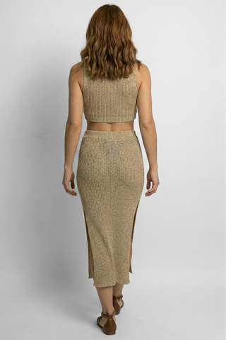 Coordinato donna MARGE in maglia dorata a coste top corto e gonna midi con spacchi Justine&Co