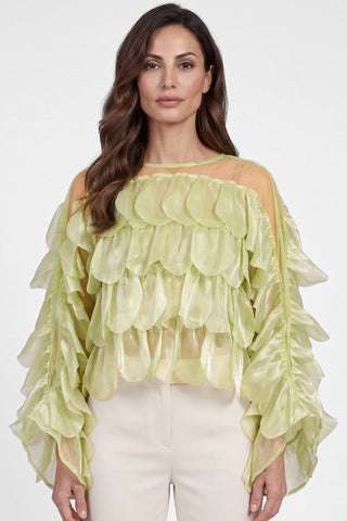 Blusa BUTTERFLY irridiscente con balze misto cotone