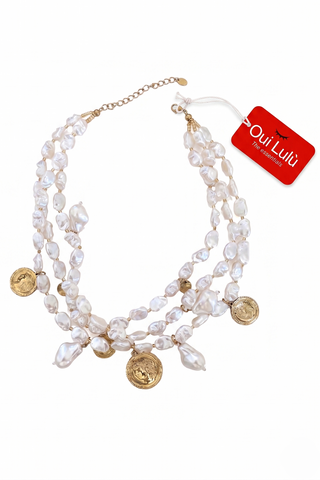 Collana donna PRALINE con perle intermezzi dorati e ciondoli moneta in acciaio