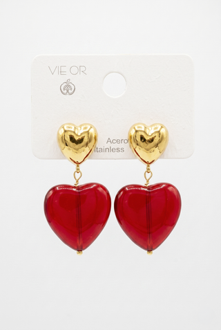 Orecchini donna CLODETTE doppio cuore con pendente acrilico rosso passione in acciaio Emily