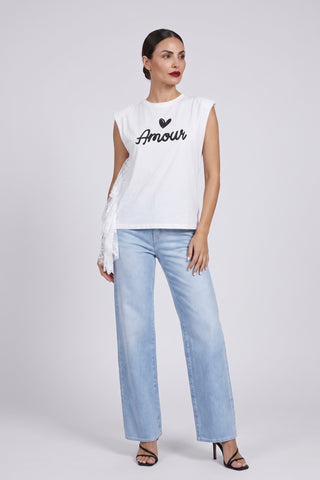 T-shirt AMMOR Relish giromanica stampata con  inserto pizzo misto cotone sh