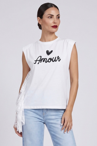T-shirt AMMOR Relish giromanica stampata con  inserto pizzo misto cotone sh