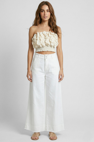 Pantaloni donna wide leg JULIPET gamba svasata bordi sfrangiati bianco cotone Justine&Co