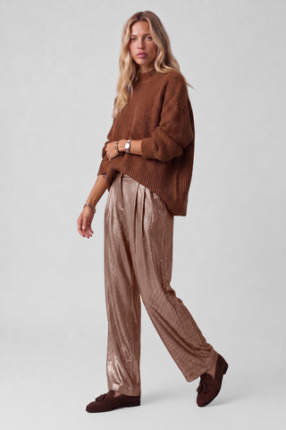 Pantalone donna POLLY palazzo wide-leg in tessuto lamé bronzo