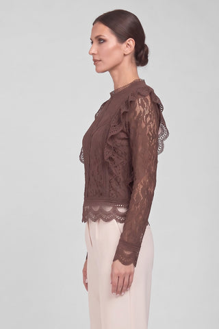 Blusa CLELIA in pizzo a maniche lunghe collo coreana ricami floreali