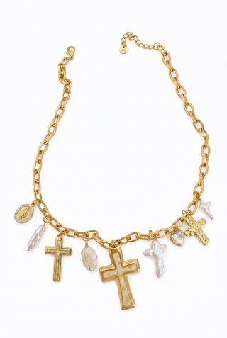 SACRED stainless steel necklace with baroque pearls and crosses