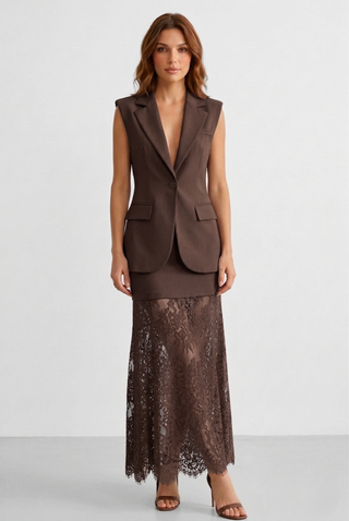 DESARMANT coordinated long gilet and double skirt in fabric and lace
