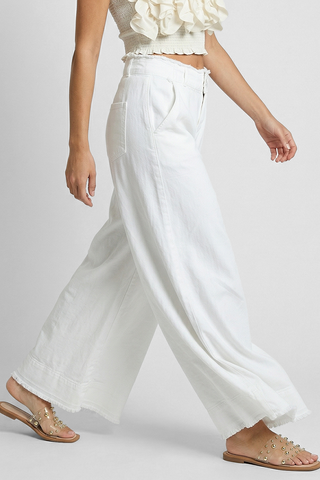 Pantaloni donna wide leg JULIPET gamba svasata bordi sfrangiati bianco cotone Justine&Co