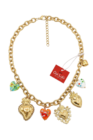 Collana donna ILARY con cuori sacri e perle di vetro colorato stile barocco in acciaio Oui Lulù