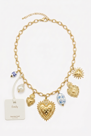 MERAVILLE Stainless Steel Sacred Heart and Ceramic Charms Necklace