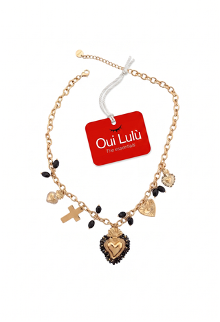 Collana donna ALMA in acciaio con cuore sacro croce e perline nere Oui Lulù