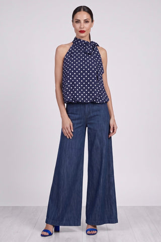 Top donna PILAR smanicato a pois con fiocco al collo in misto viscosa