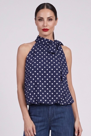 Top donna PILAR smanicato a pois con fiocco al collo in misto viscosa