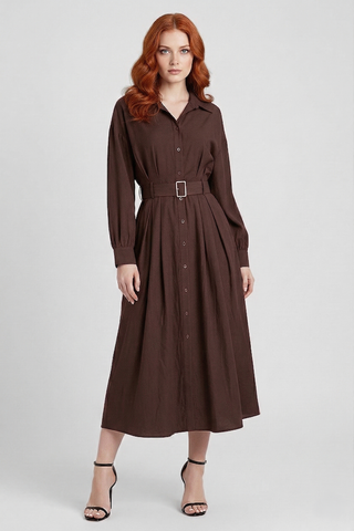 TREBAN long dress with long sleeves, belt, and buttons
