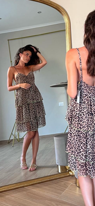 Abito NAMI Relish corto con spalline e balze tulle stampa leopardata sh