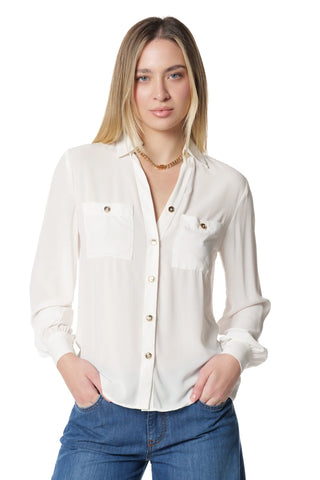 Camicia donna SUGILLITE scollo a V taglio classico con bottoni dorati e tasche frontali passe-partout fucsia panna Relish