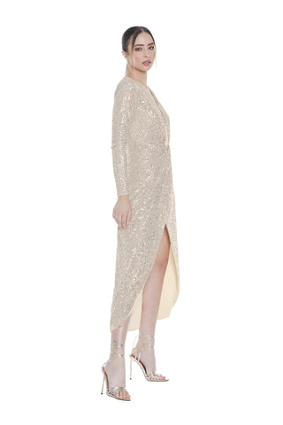 Abito BEID lungo full paillettes manica lunga scollo V con nodo e spacco sh