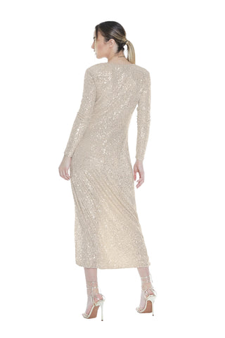 Abito BEID lungo full paillettes manica lunga scollo V con nodo e spacco sh