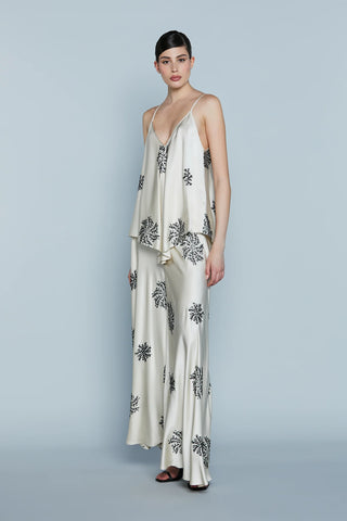 Coordinato donna FORTALEZA top elegante e pantalone palazzo vita alta in raso fluido con ricamo nero paillettes avorio Relish
