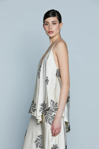 Coordinato donna FORTALEZA top elegante e pantalone palazzo vita alta in raso fluido con ricamo nero paillettes avorio Relish
