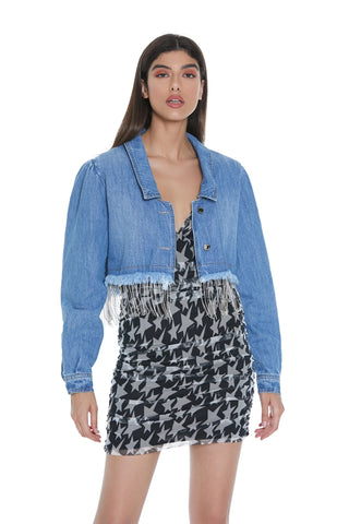 Giacca corta donna NAOKO Relish denim con fondo sfrangiato e catene strass sh