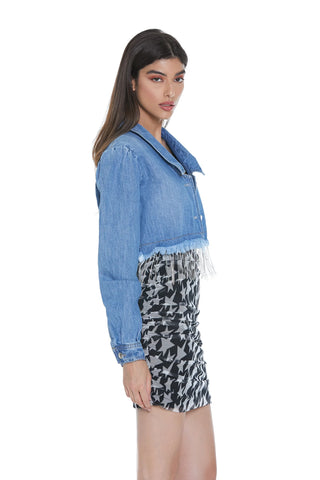 Giacca corta donna NAOKO Relish denim con fondo sfrangiato e catene strass sh
