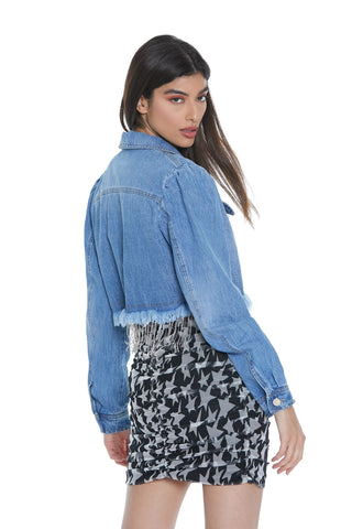 Giacca corta donna NAOKO Relish denim con fondo sfrangiato e catene strass sh