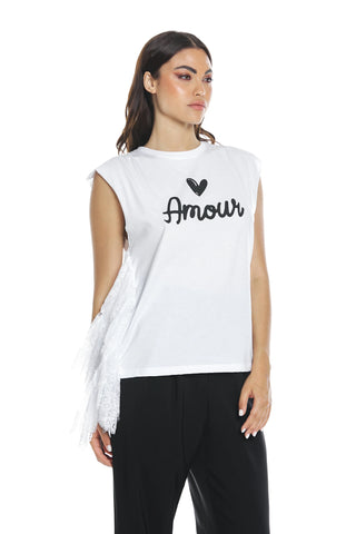 T-shirt AMMOR Relish giromanica stampata con  inserto pizzo misto cotone sh