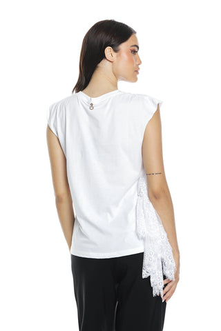 T-shirt AMMOR Relish giromanica stampata con  inserto pizzo misto cotone sh