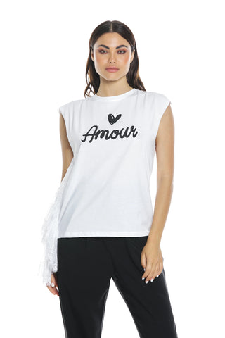 T-shirt AMMOR Relish giromanica stampata con  inserto pizzo misto cotone sh