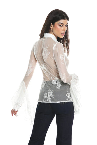 Camicia donna CARINAS manica lunga in pizzo vedo-non-vedo svasata romantica sartoriale bianco nero Relish