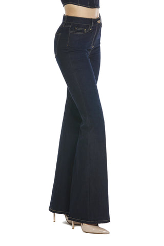 Jeans donna HARBADAM vita alta a zampa svasato blu profondo con impunture dorate che allunga le gambe Relish