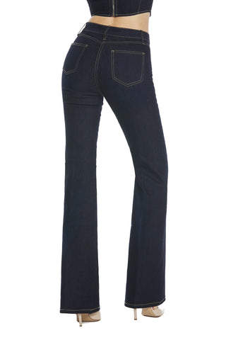 Jeans donna HARBADAM vita alta a zampa svasato blu profondo con impunture dorate che allunga le gambe Relish