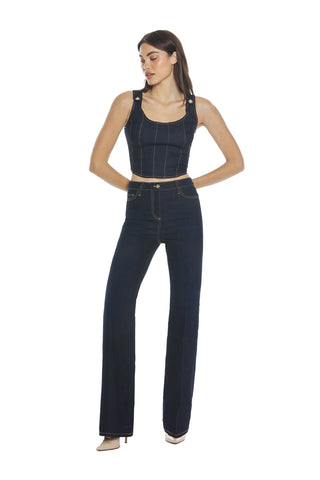 Jeans donna HARBADAM vita alta a zampa svasato blu profondo con impunture dorate che allunga le gambe Relish